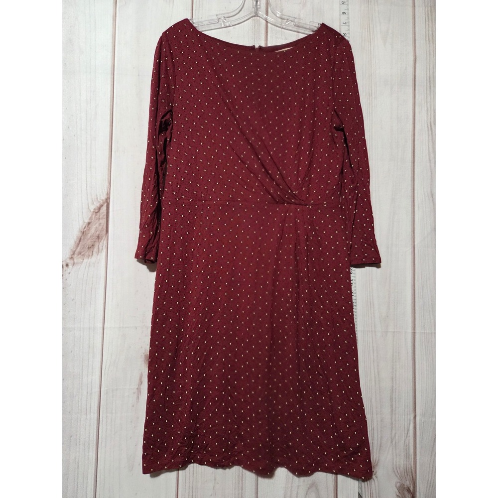LOFT Women's Burgundy Polka Dot Twist Front Long Sleeve Midi Dress Size M